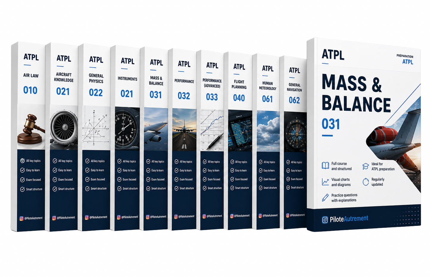 The ATPL Full Pack — the eleven subject books lined up, with Mass & Balance 031 open at the front
